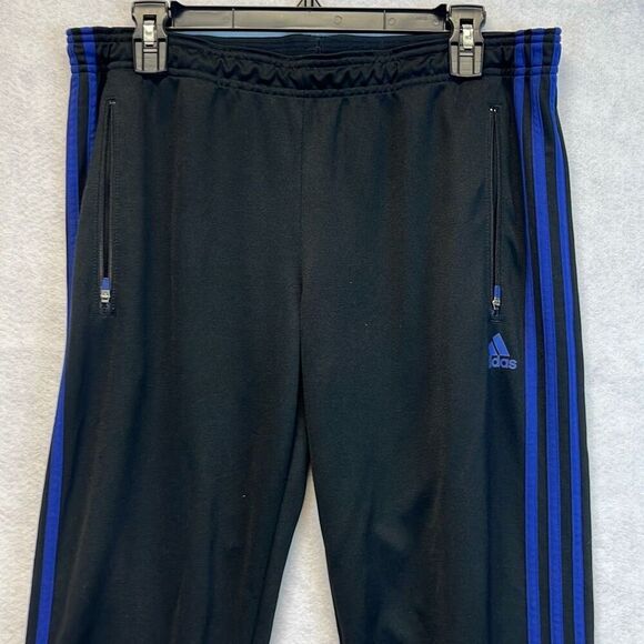 ADIDAS Men’s Track Pants Climalite Zipper Pockets Black Blue Large Leg Accents - Picture 1 of 15